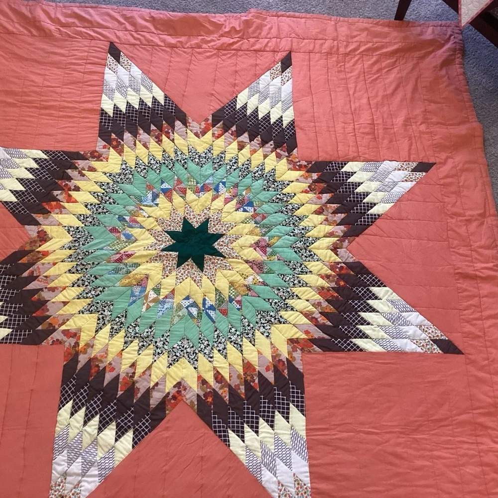 Vintage Lone Star Quilt Orange Brown Green 84”x90”